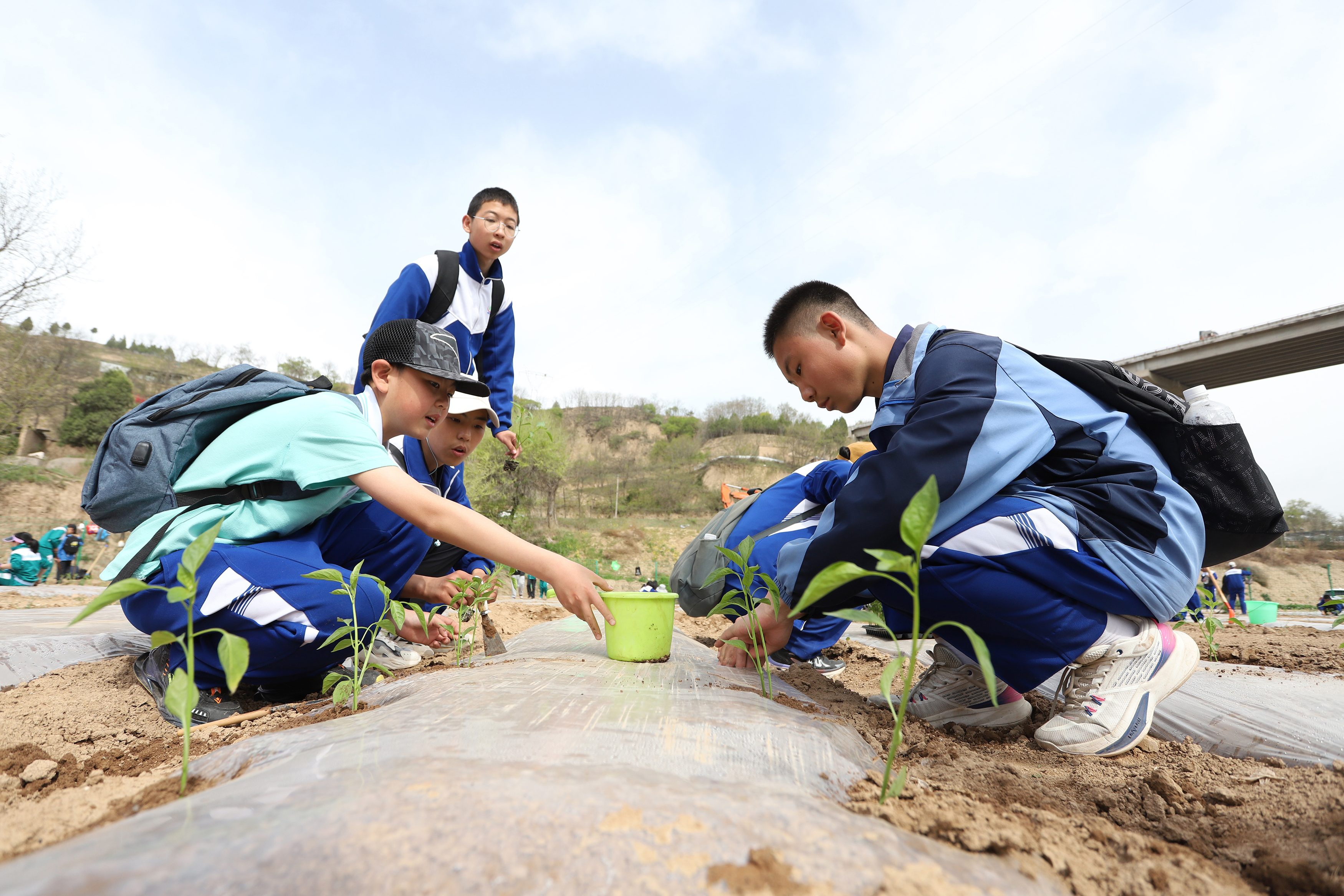 06——4月27日，在甘肅省平?jīng)鍪械谒闹袑W(xué)行知園學(xué)農(nóng)基地里，學(xué)生們?cè)诮o剛剛種植的辣椒苗澆水。.JPG